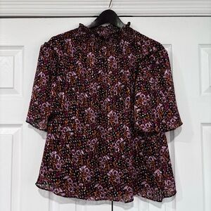 MELLODAY Multicolor Floral Short Sleeve Blouse Metallic Accents Large